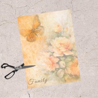 Pastel Orange Roses and Butterfly Family découpage tissue paper