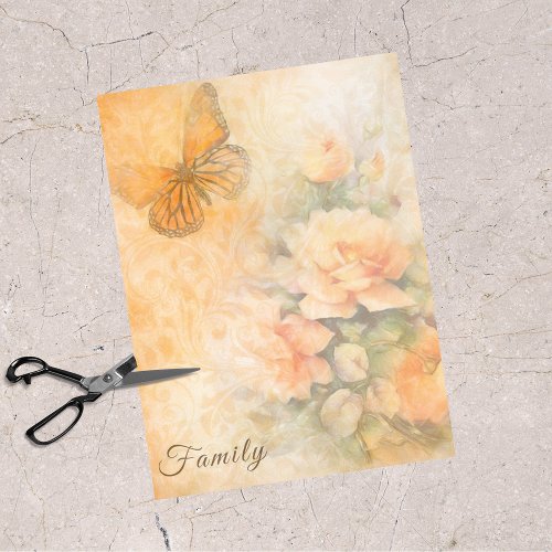 Pastel Orange Roses and Butterfly Family dcoupage Tissue Paper