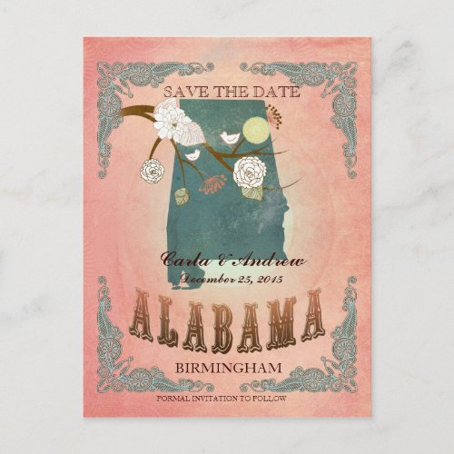 Pastel Orange Save The Date _Map With Lovely Birds Announcement Postcard