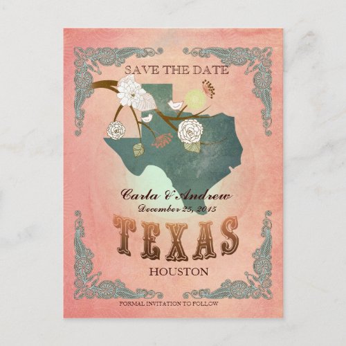 Pastel Orange Save The Date _Map With Lovely Birds Announcement Postcard