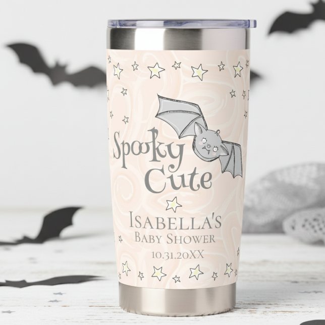 Pastel Orange Spooky Cute Halloween Baby Shower Insulated Tumbler (Gender Neutral Baby Bats Pastel Orange Halloween Fall Baby Shower Insulated Tumbler for Mother to Be)