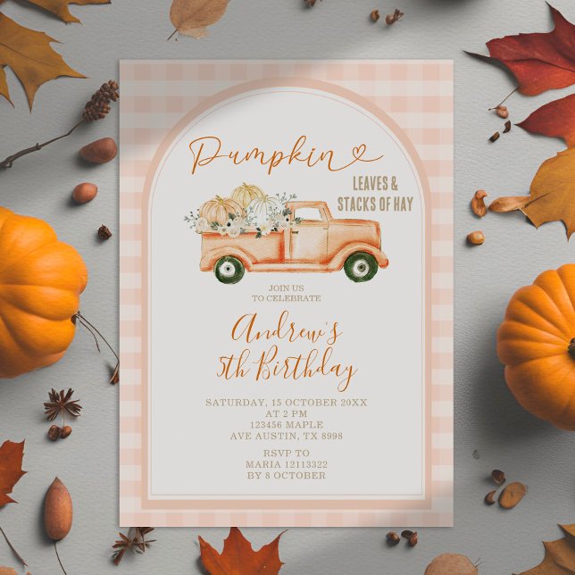 Pastel Orange Tractor Pumpkin Gingham Birthday Invitation (Creator Uploaded)