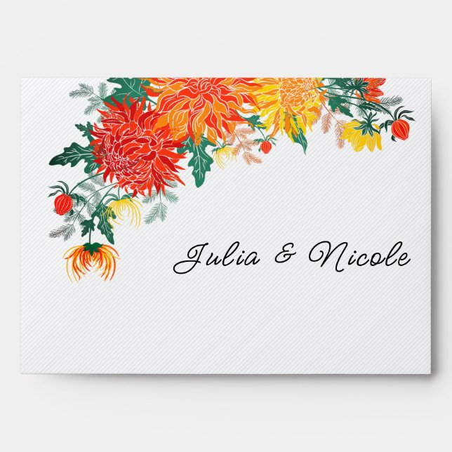 Pastel Orange Yellow Spring Dahlia Flowers Wedding Envelope (Front)