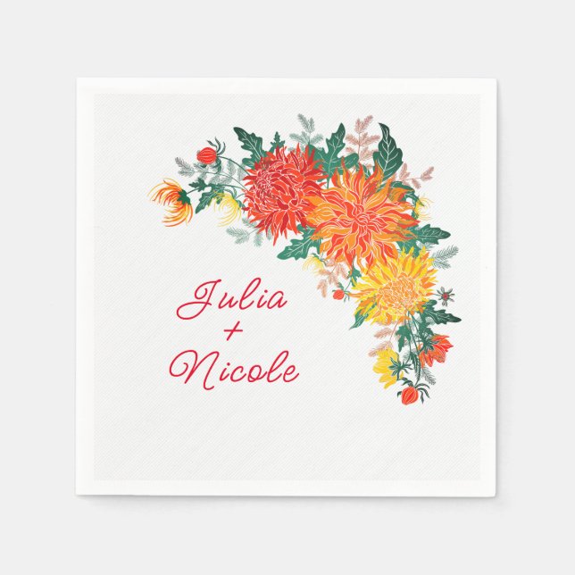 Pastel Orange Yellow Spring Dahlia Flowers Wedding Napkins (Front)