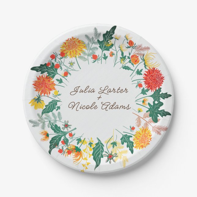 Pastel Orange Yellow Spring Dahlia Flowers Wedding Paper Plates (Front)