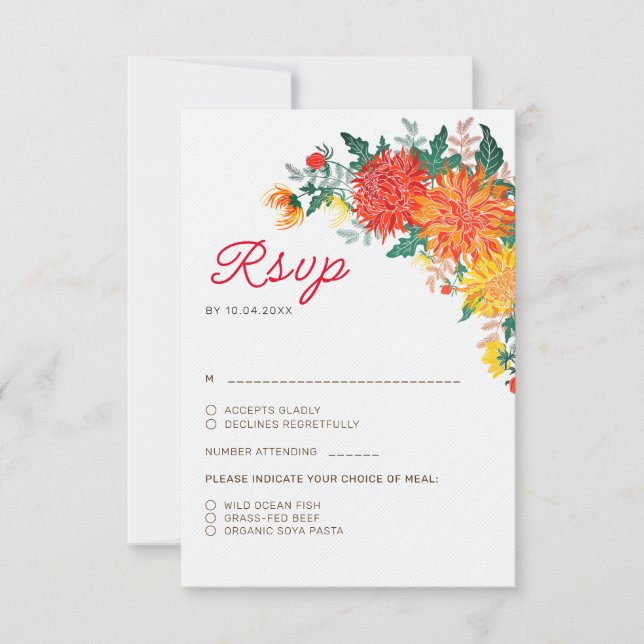Pastel Orange Yellow Spring Dahlia Flowers Wedding RSVP Card (Front)