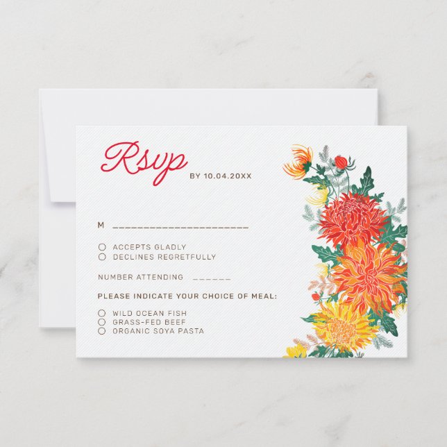 Pastel Orange Yellow Spring Dahlia Flowers Wedding RSVP Card (Front)