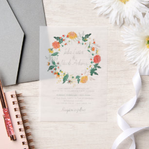 Pastel Orange Yellow Spring Dahlia Flowers Wedding Vellum Invitations