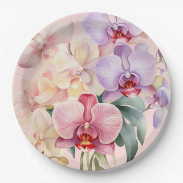Pastel Orchids Elegant Wedding Paper Plates (Front)