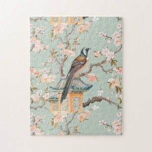 Pastel Oriental Bird and Fruit Blossoms Jigsaw Puzzle