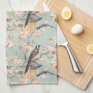 Pastel Oriental Bird and Fruit Blossoms Kitchen Towel