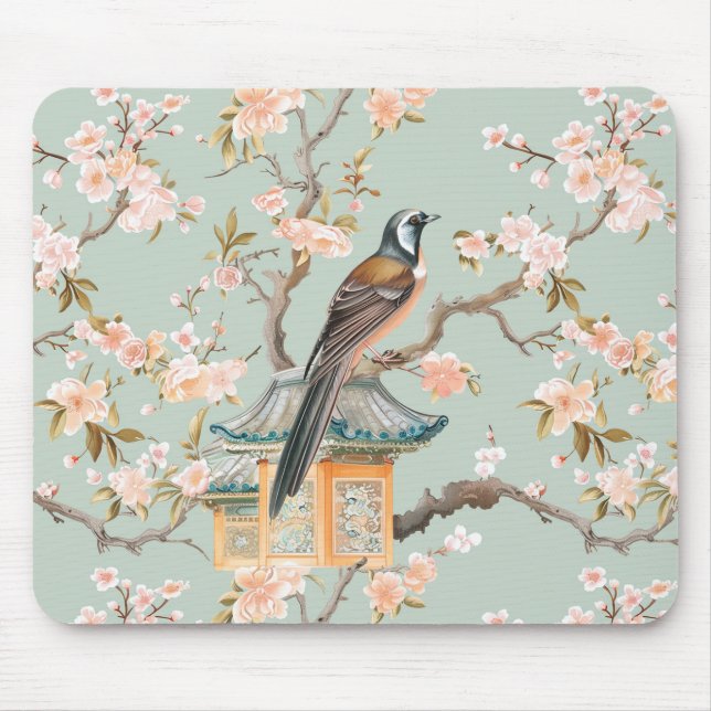 Pastel Oriental Bird and Fruit Blossoms Mouse Pad (Front)