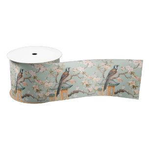 Pastel Oriental Bird and Fruit Blossoms Satin Ribbon