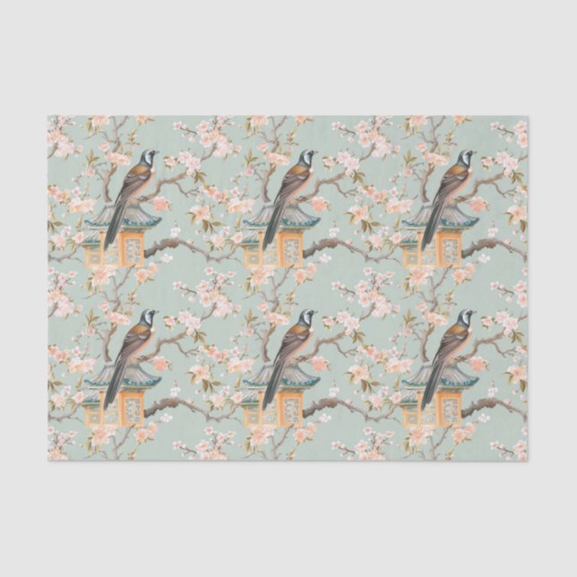Pastel Oriental Bird and Fruit Blossoms Tissue Paper (Front)