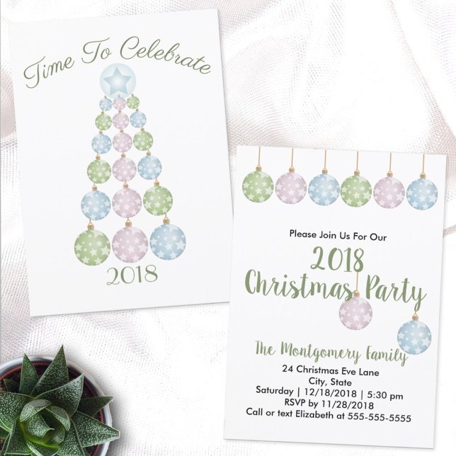 Pastel Ornaments Modern Christmas Tree Party Invitation (Creator Uploaded)