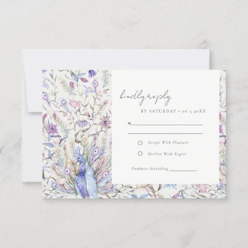 Pastel Ornate Watercolor Floral Peacock Wedding RSVP Card