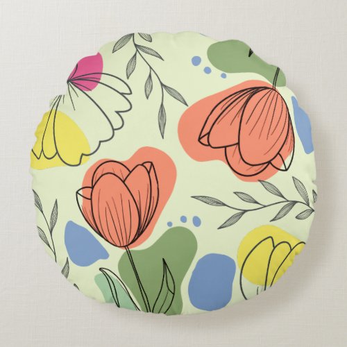 Pastel Outlined Floral Round Pillow