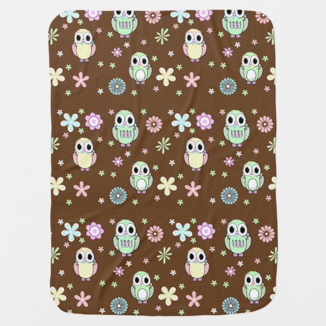 Pastel Owls and Flowers Baby Blanket (Front)