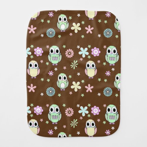 Pastel Owls and Flowers Baby Burp Cloth