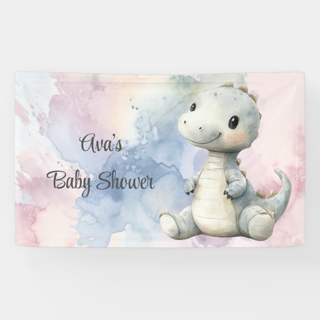 Pastel Paint Splash Adorable Dinosaur Baby Shower Banner (Horizontal)