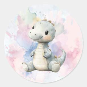 Pastel Paint Splash Adorable Dinosaur Baby Shower Classic Round Sticker