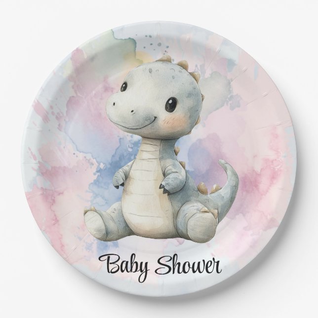 Pastel Paint Splash Adorable Dinosaur Baby Shower Paper Plates (Front)