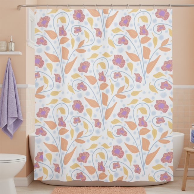 Pastel Painted Flowers & Leaves Shower Curtain (Turn your bathroom into a floral daydream. Soft pastel hand drawn fantasy flowers.)