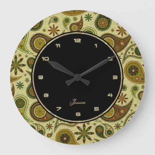 Pastel Paisley And Flowers Pattern Large Clock