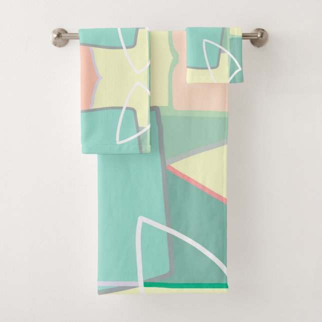 Pastel Pale Turquoise Pink Abstract Art Bath Towel Set (Insitu)