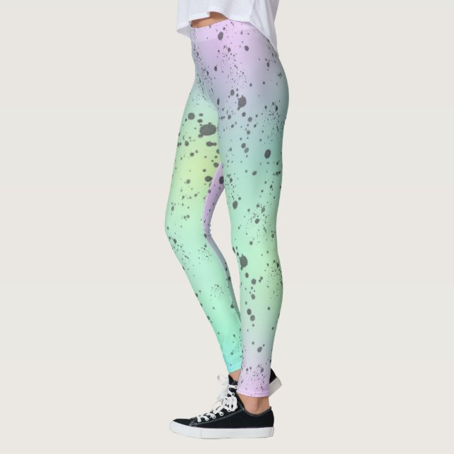 Pastel Pale Turquoise Pink Abstract Art Grey Spots Leggings (Left)