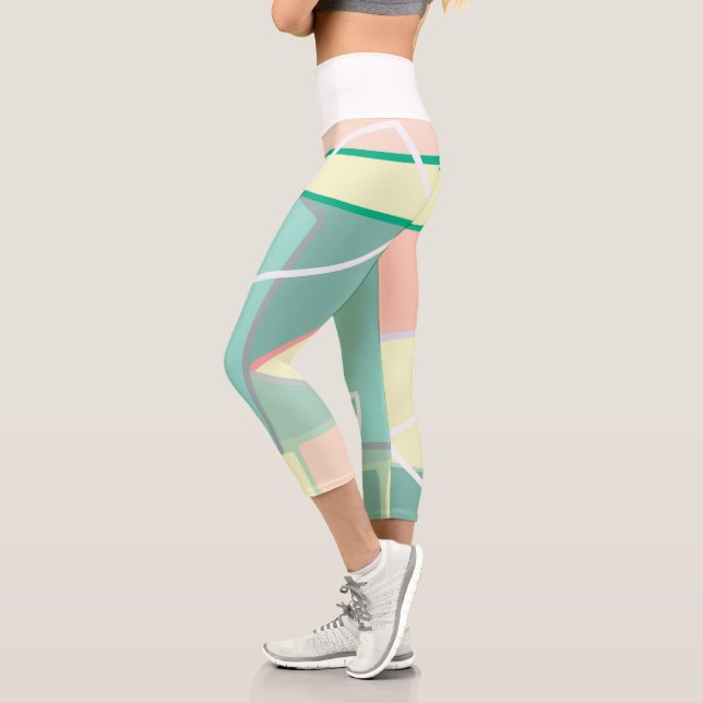 Pastel Pale Turquoise Pink Abstract Art Lines Capri Leggings (Left)