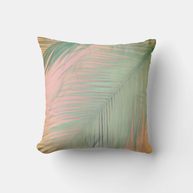 pastel palm leaf design green and pink throw pillow (Front)
