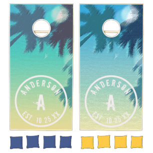 Pastel Palms Custom Family Monogram Est.Date Cornhole Set