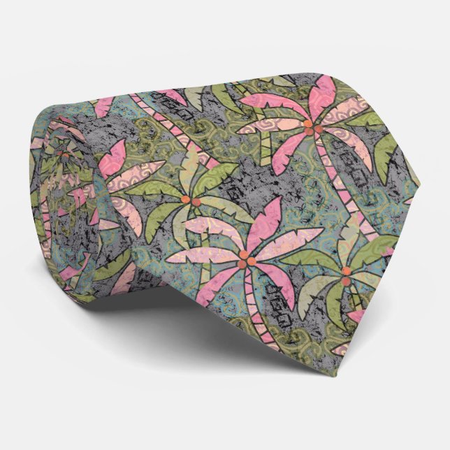 Pastel Palms Pink, Green and Gray Tie (Rolled)
