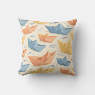 Pastel Paper Boats on Soft Blue Ripples Throw Pillow