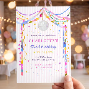 Pastel Paper Chains Disco Ball Third Birthday Invi