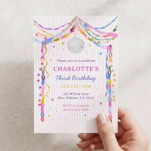 Pastel Paper Chains Disco Ball Third Birthday Invi