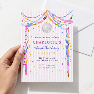 Pastel Paper Chains Disco Ball Third Birthday Invi