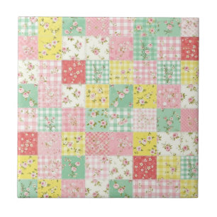 Pastel Patchwork Floral Gingham Vintage Cottage Ceramic Tile