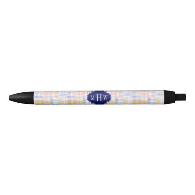Pastel Patchwork Madras Navy Quatrefoil  Monogram Pen (Front)