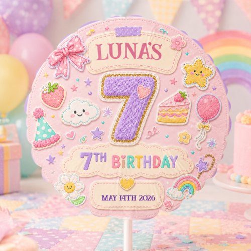 Pastel Patchwork Rainbow 7th Birthday Party Girl Balloon