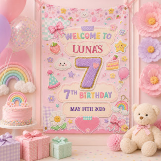 Pastel Patchwork Rainbow 7th Birthday Party Girl Banner