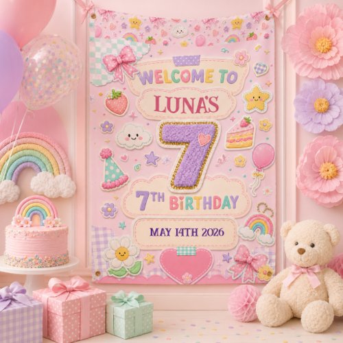 Pastel Patchwork Rainbow 7th Birthday Party Girl Banner