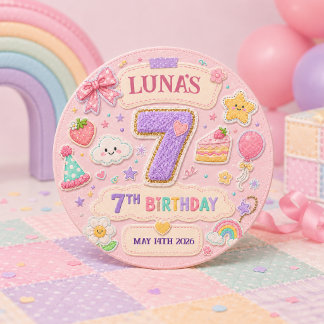 Pastel Patchwork Rainbow 7th Birthday Party Girl Button