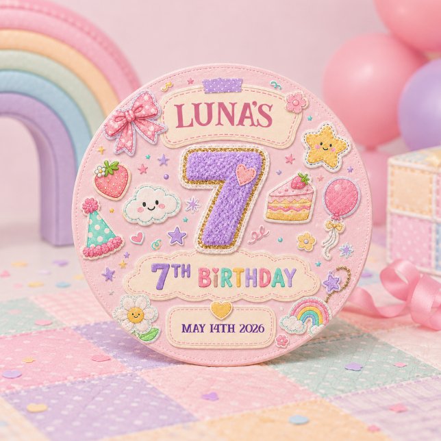 Pastel Patchwork Rainbow 7th Birthday Party Girl Button (Pastel Patchwork Rainbow 7th Birthday Party Girl Button
)