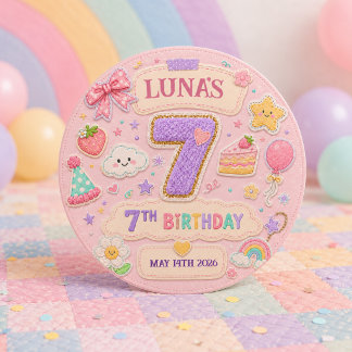 Pastel Patchwork Rainbow 7th Birthday Party Girl Classic Round Sticker