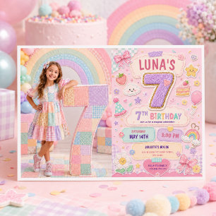 Pastel Patchwork Rainbow 7th Birthday Party Girl Invitation