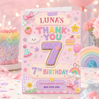 Pastel Patchwork Rainbow 7th Birthday Party Girl  Thank You Card