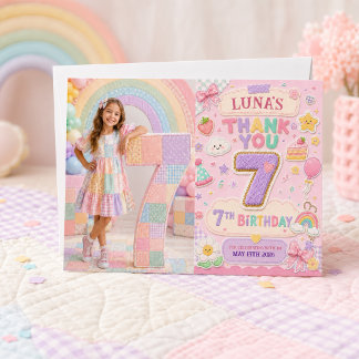 Pastel Patchwork Rainbow 7th Birthday Party Girl  Thank You Card