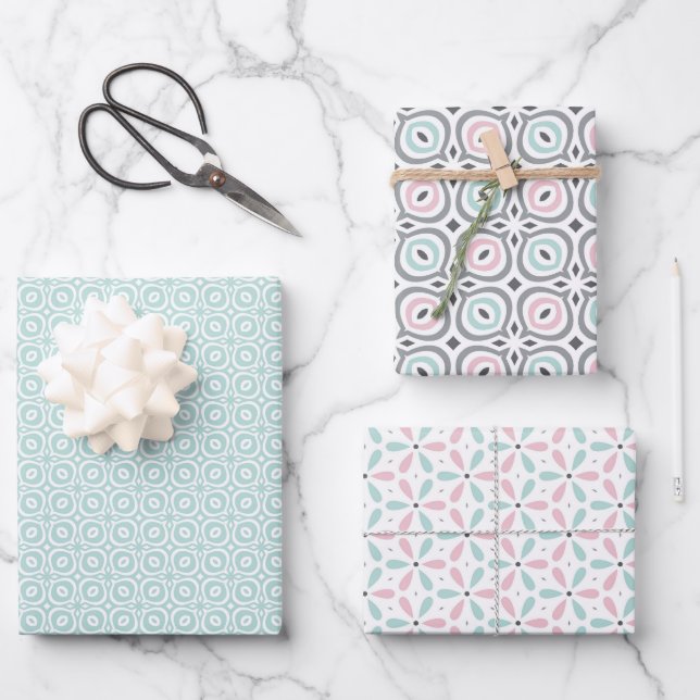 Pastel Pattern of Pink, Mint, Gray Geometric Shape Wrapping Paper Sheets (Front)